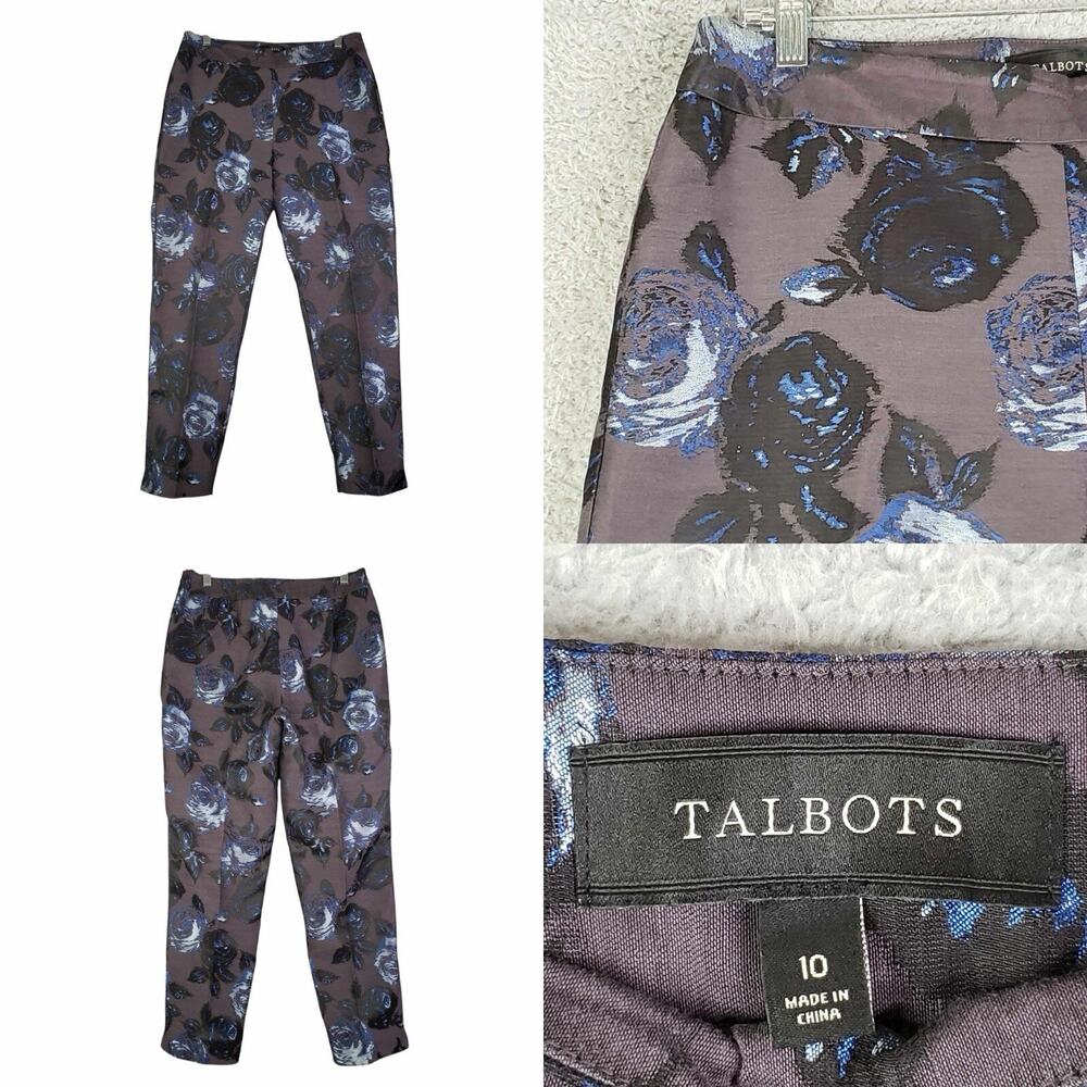 Talbots Pants Women’s Size 10 Gray Blue Floral Side Zip Tapered Leg Woven